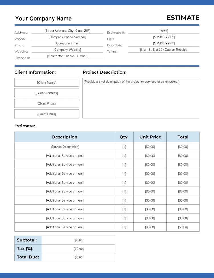 Estimate Template: Page 1 of 2