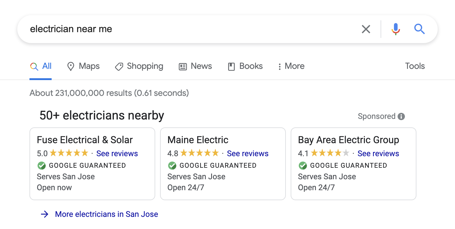 "electrician near me" Google search