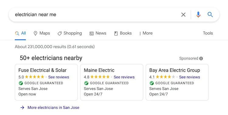 "electrician near me" Google search