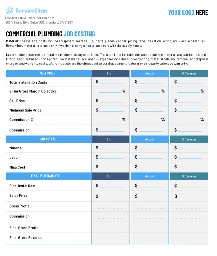 Commercial plumbing proposal template by ServiceTitan: Job Costing