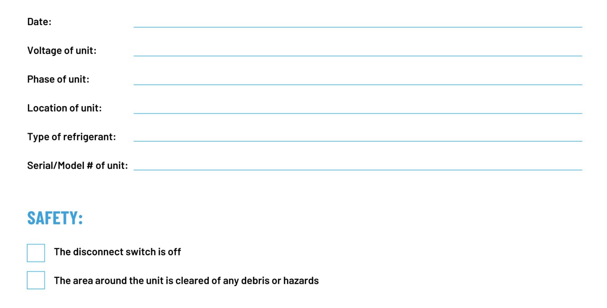 HVAC Inspection Checklist: Date, Voltage, Model, Safety