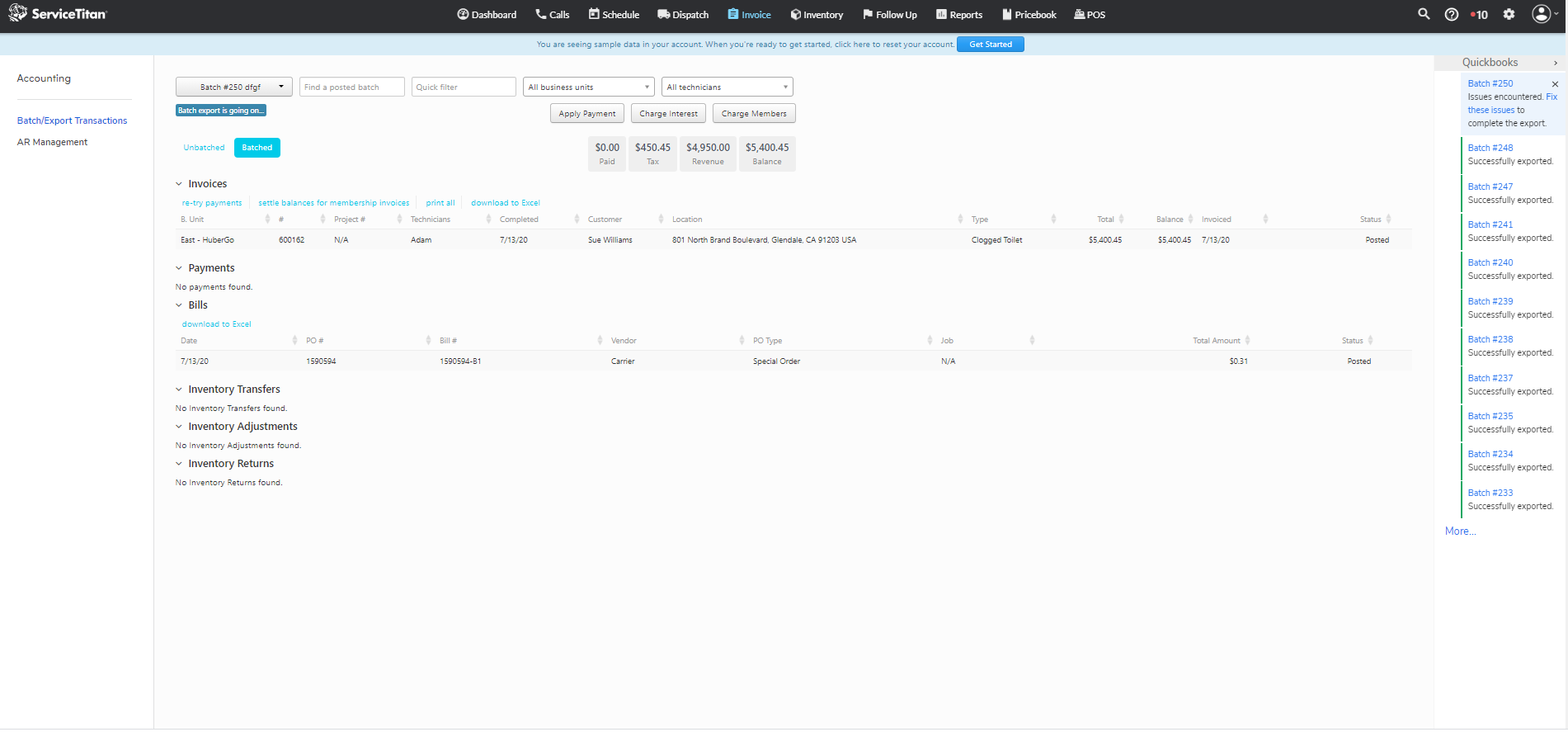 Product screenshot of ServiceTitan's pool service software for QuickBooks