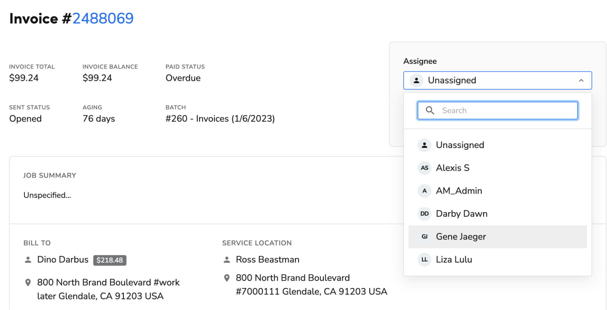 Invoice #2488069: Invoice Total, Job Summary, Service Location and Assignee