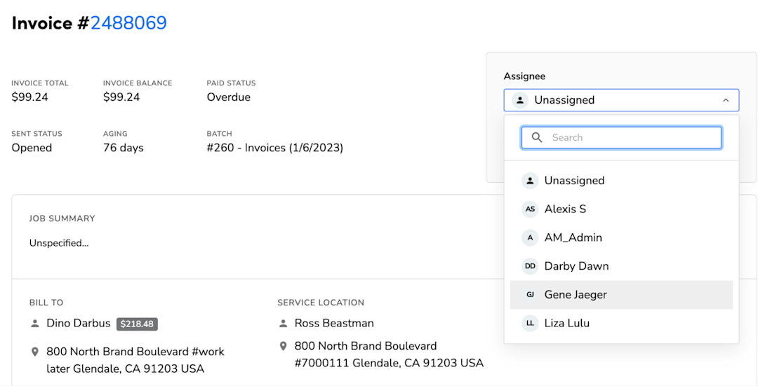 Invoice #2488069: Invoice Total, Job Summary, Service Location and Assignee