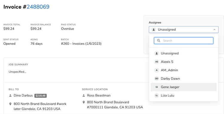 Invoice #2488069: Invoice Total, Job Summary, Service Location and Assignee