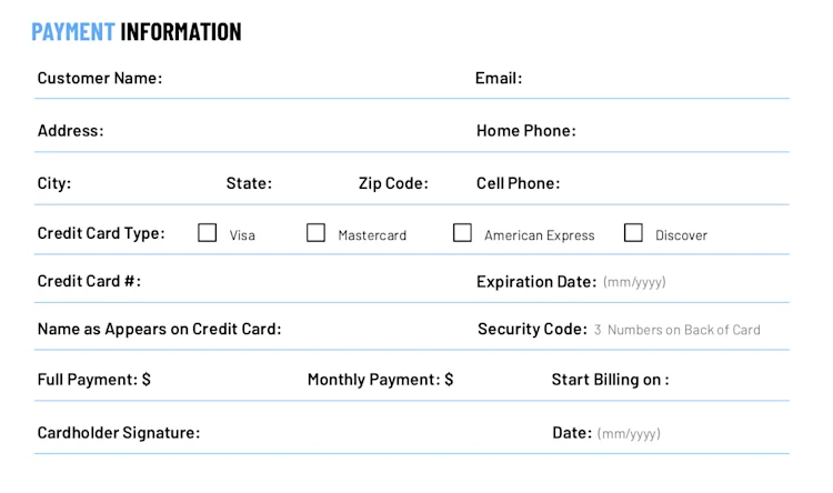Payment information section in the ServiceTitan template