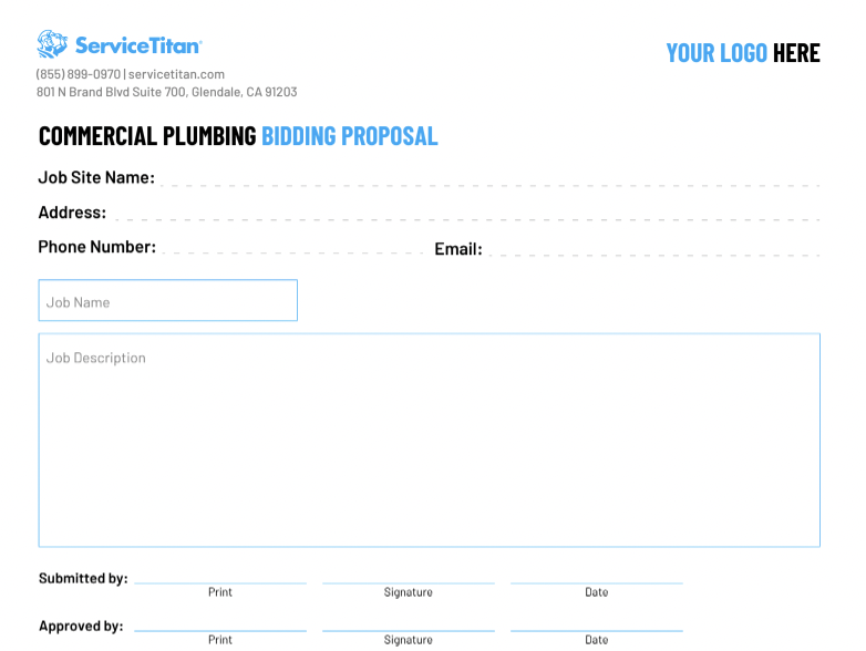 Commercial plumbing proposal template by ServiceTitan: Name, Address, Phone Number