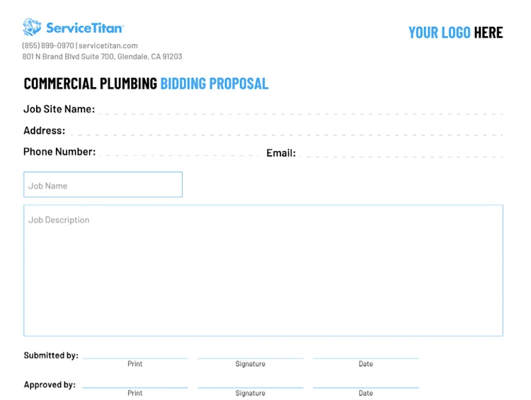 Commercial plumbing proposal template by ServiceTitan: Name, Address, Phone Number