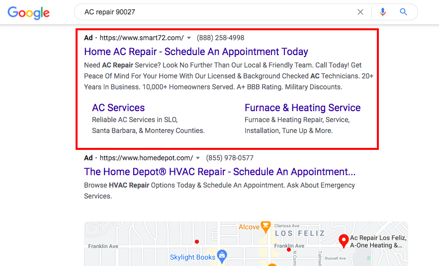 Google search Ads example for the search "AC repair 90027"