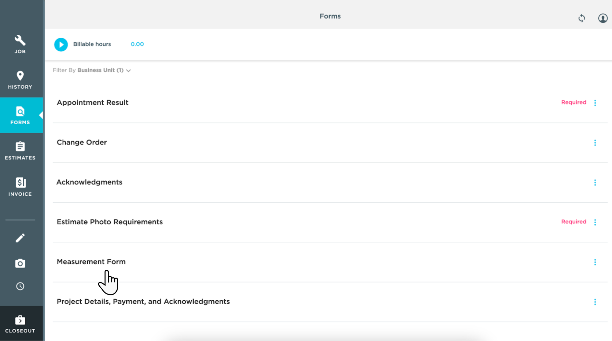 Measurement Form within Forms