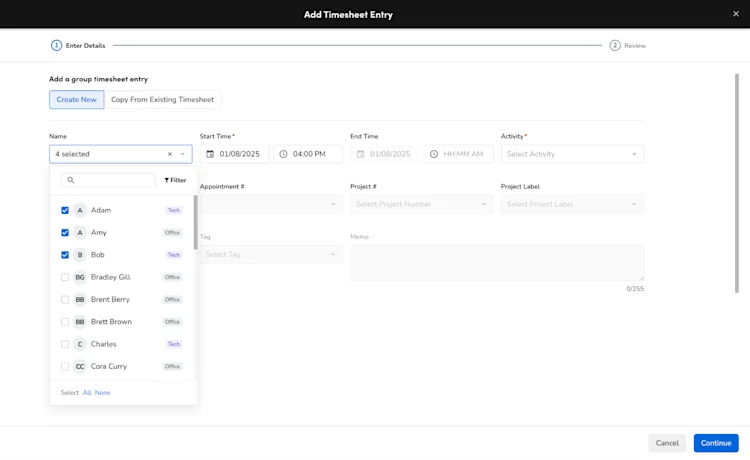 Add Timesheet Entry: Add a group timesheet entry
