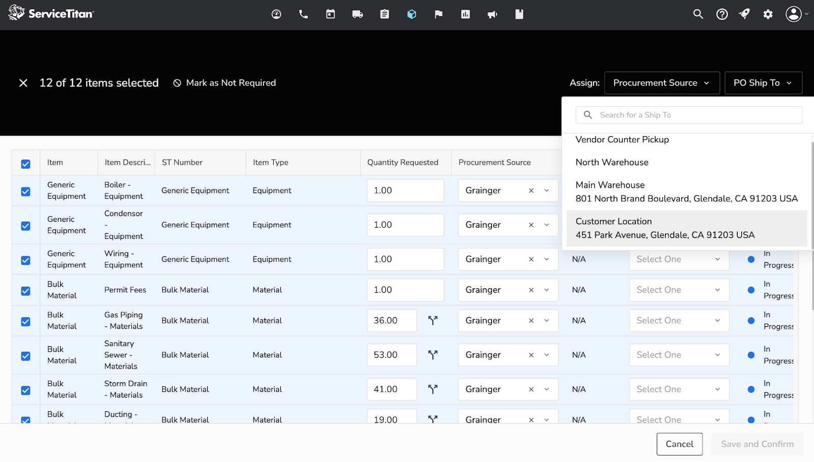 Procurement Source: Customer Location, Item Description and Type