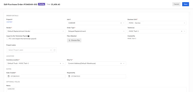Edit Purchase Order Details (#1346049-002): Project, Job, Vendor, Location, etc.