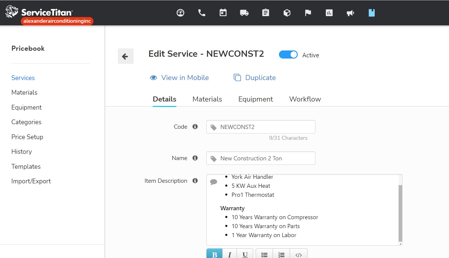 Pricebook Services: Edit Service Details