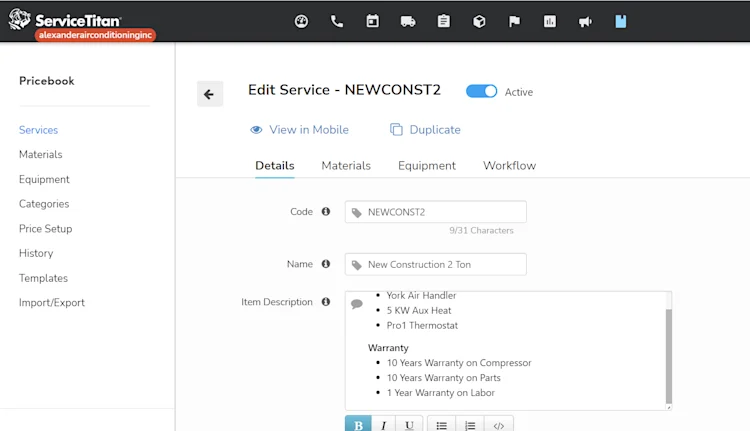 Pricebook Services: Edit Service Details
