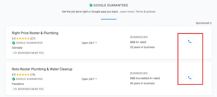 Google Guaranteed: Phone Booking Option for local plumbers