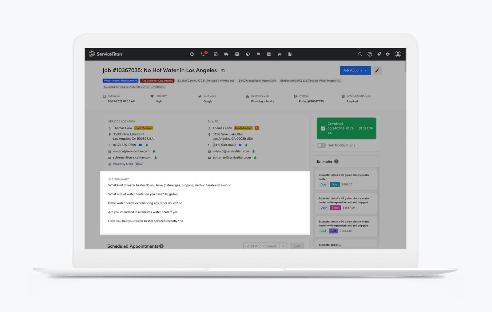 Setting up an HVAC work order in ServiceTitan