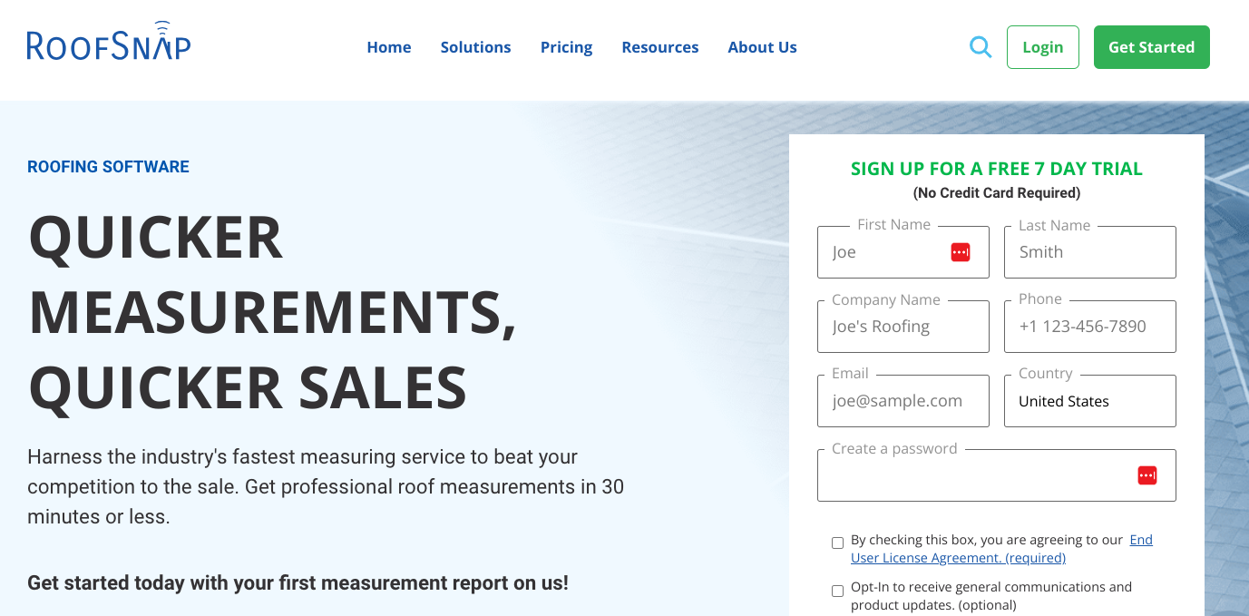 RoofSnap homepage: Quicker measurements, quicker sales