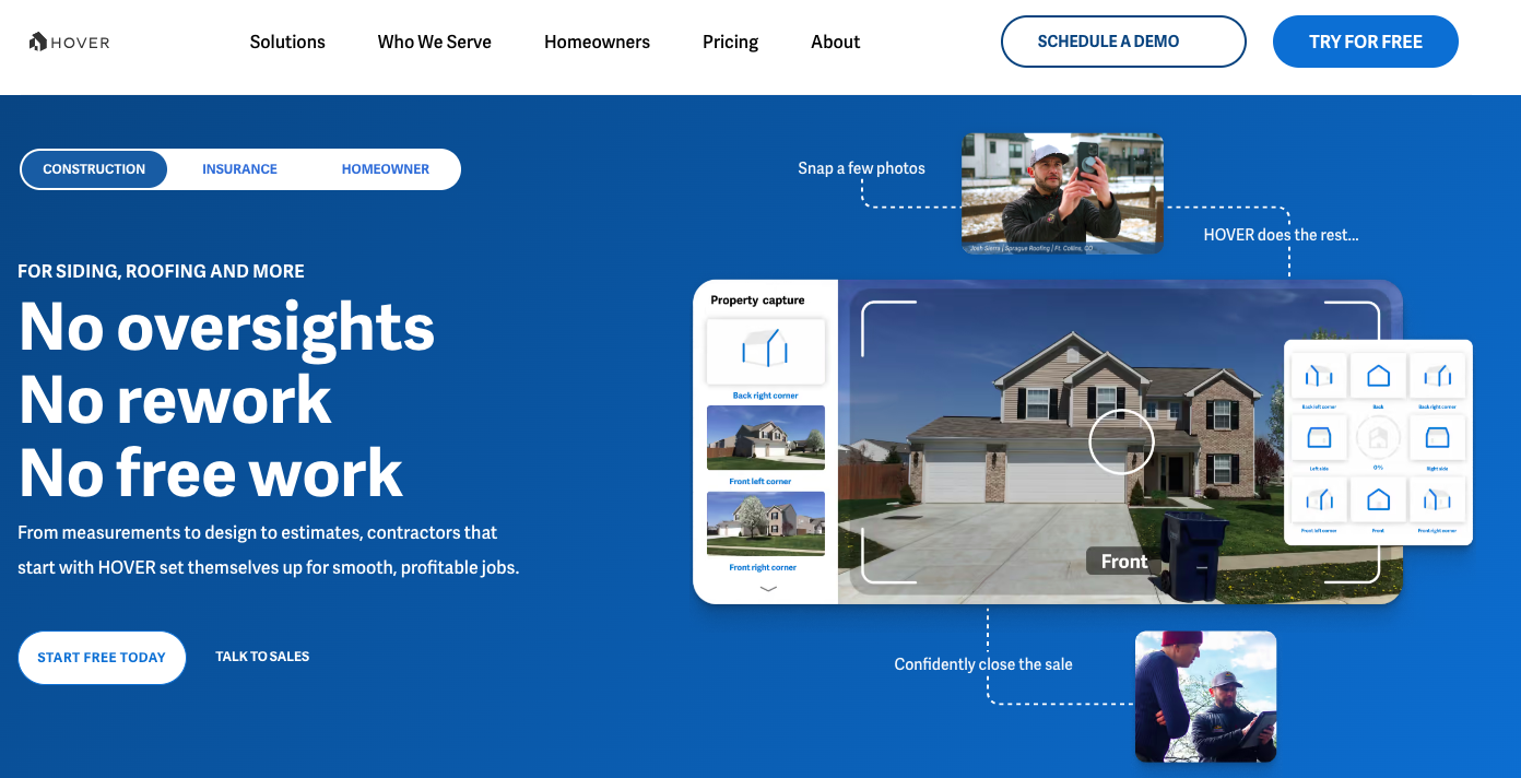 Hover homepage: No oversights. No rework. No free work.