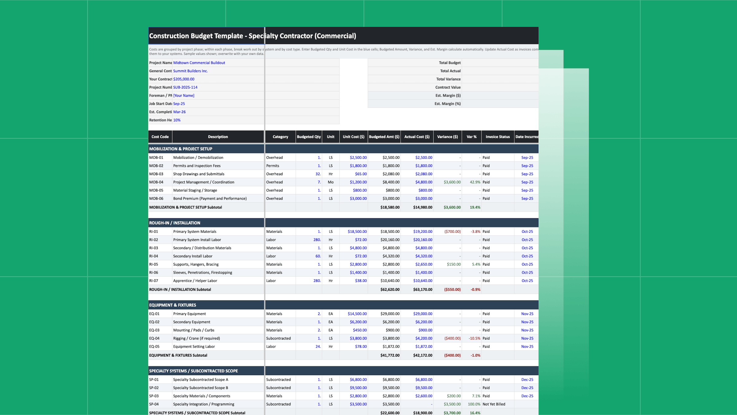 Construction Budget Template for Specialty Contractors