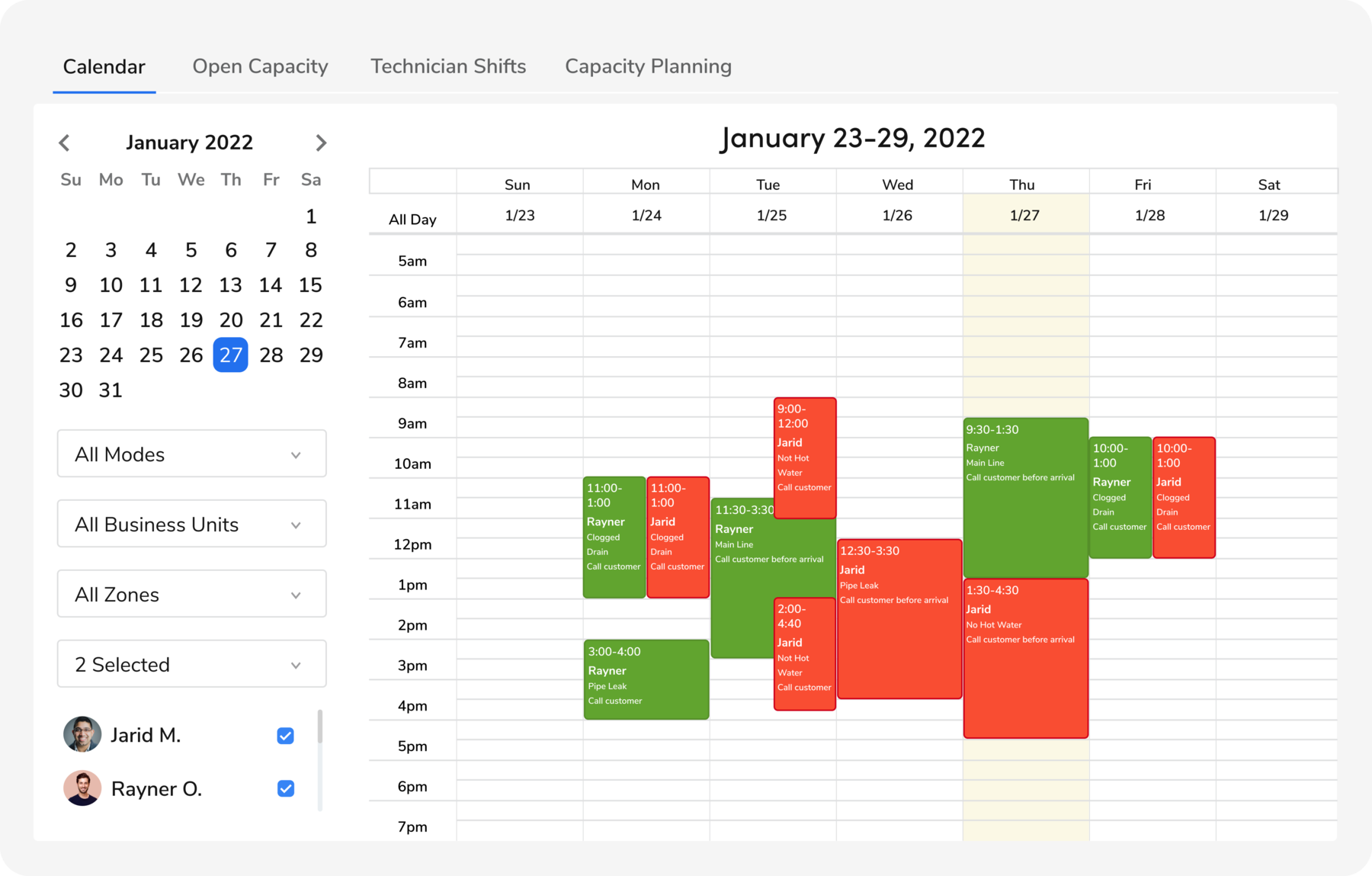 Calendar Scheduling example: January 23-29, 2022 view
