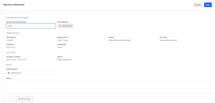 Receive a Shipment: Vendor Invoice Details, Job Number, Date Received