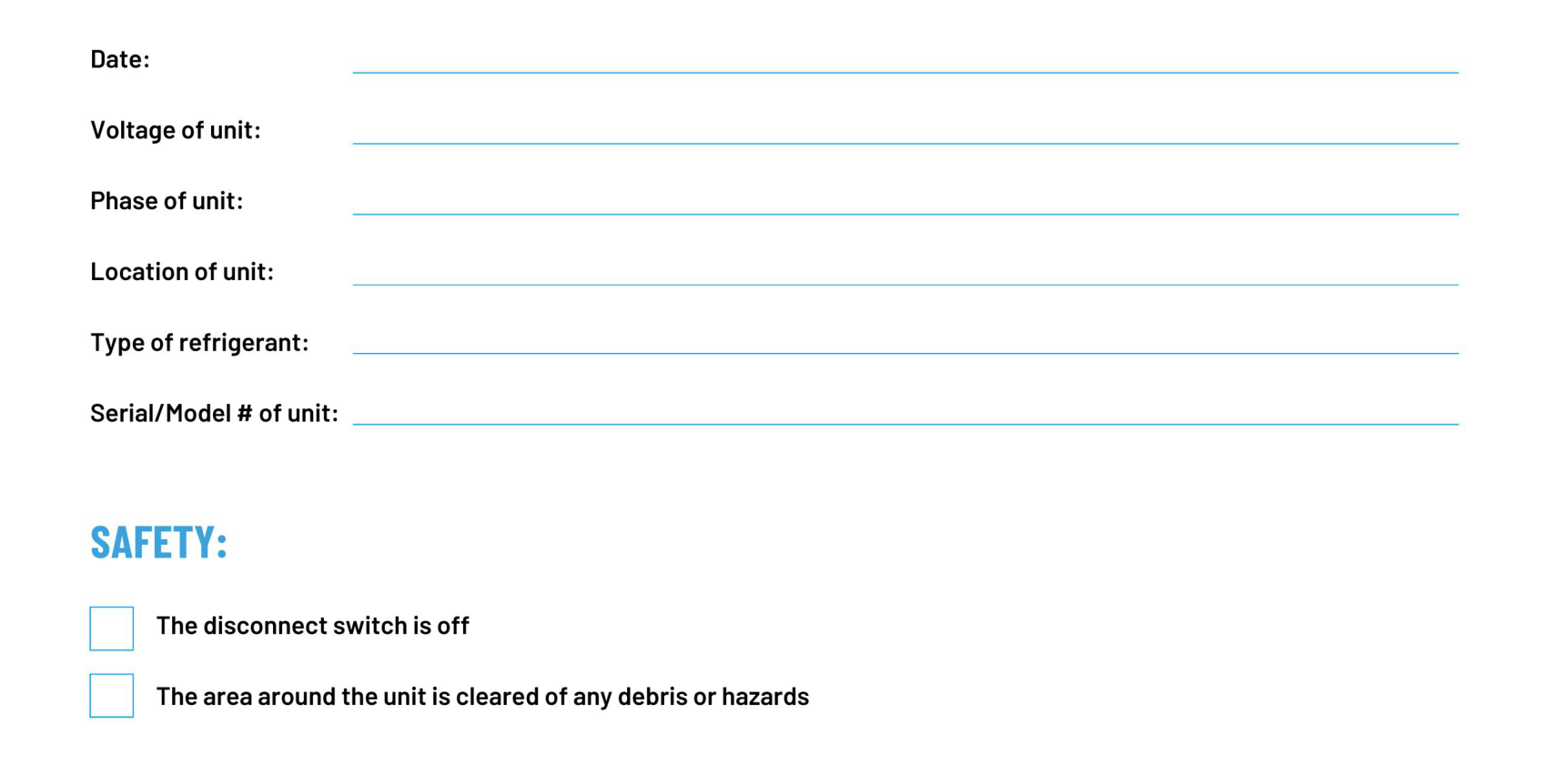 HVAC Inspection Checklist: Date, Voltage, Model, Safety