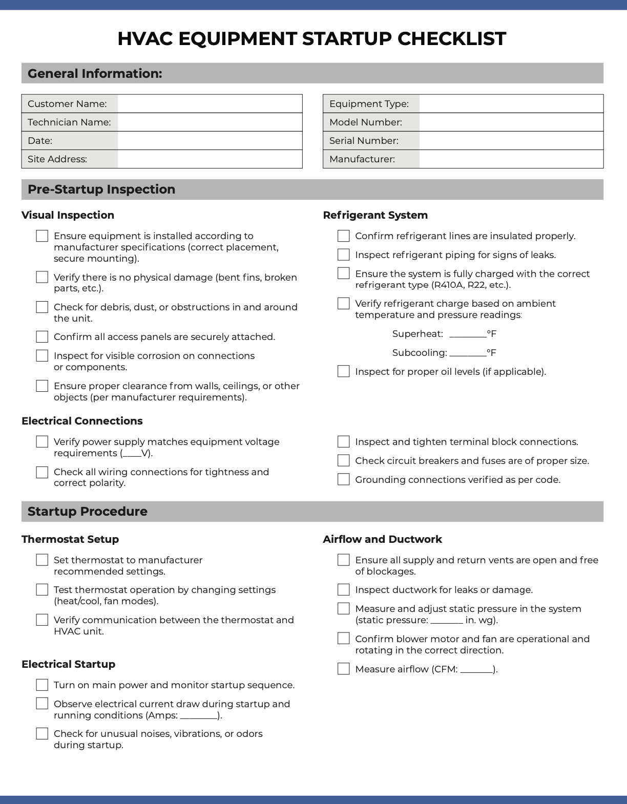 HVAC Equipment Startup Checklist Template: Page 1 of 2