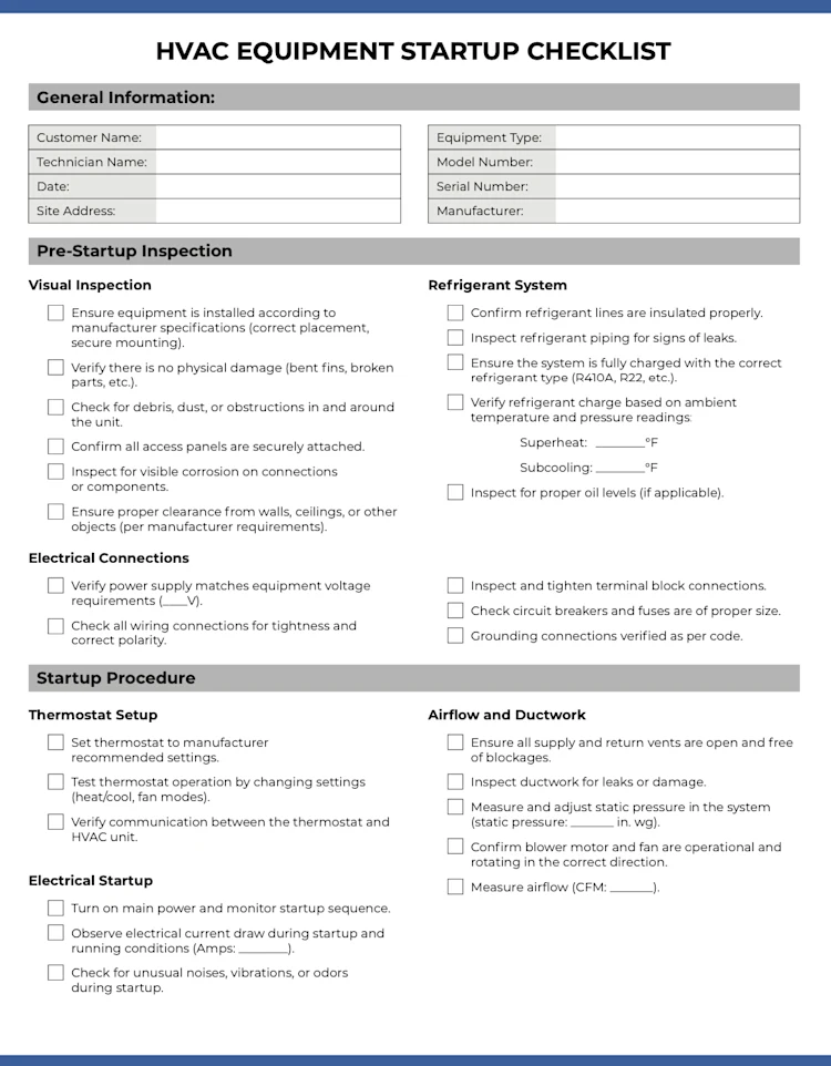HVAC Equipment Startup Checklist Template: Page 1 of 2