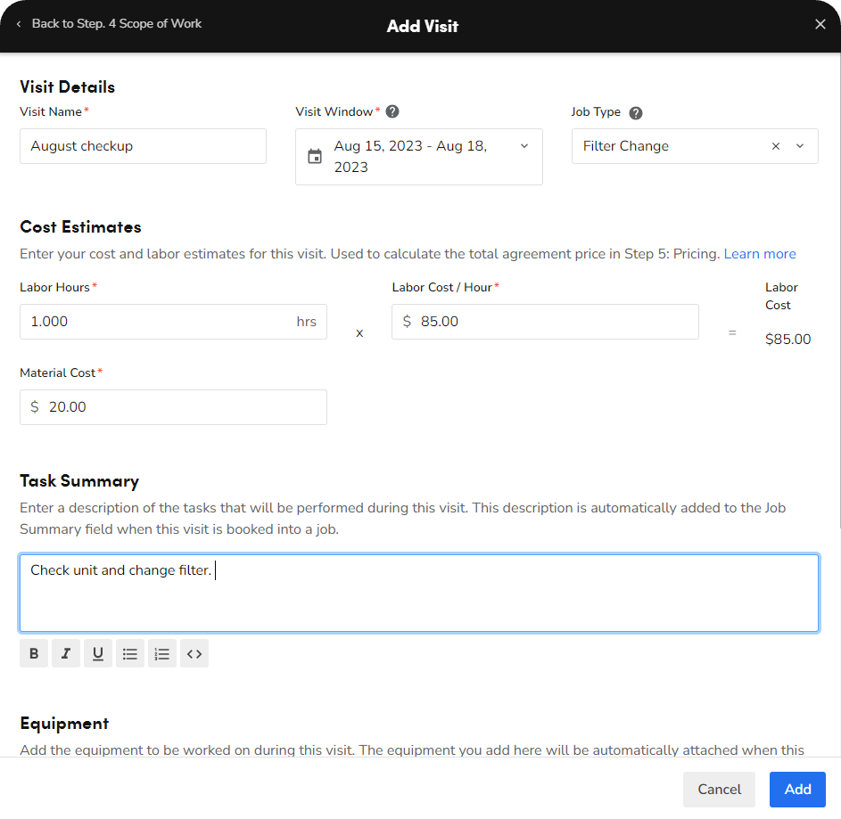 Add Visit Details, Cost Estimates, Task Summary, and Equipment
