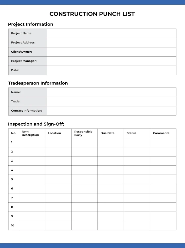 Construction Punch List Template: Page 1 of 2