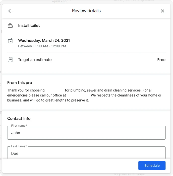 Review Appointment Details for a toilet install