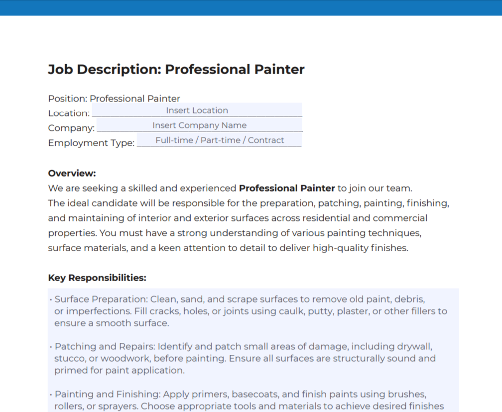 Painter Job Description Template