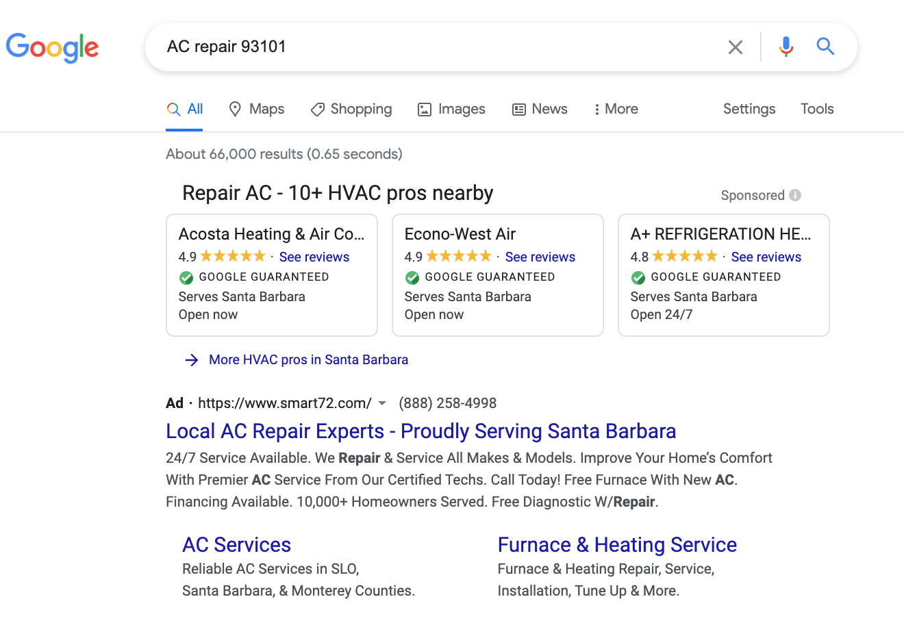 Google search results for "AC repair 93101"