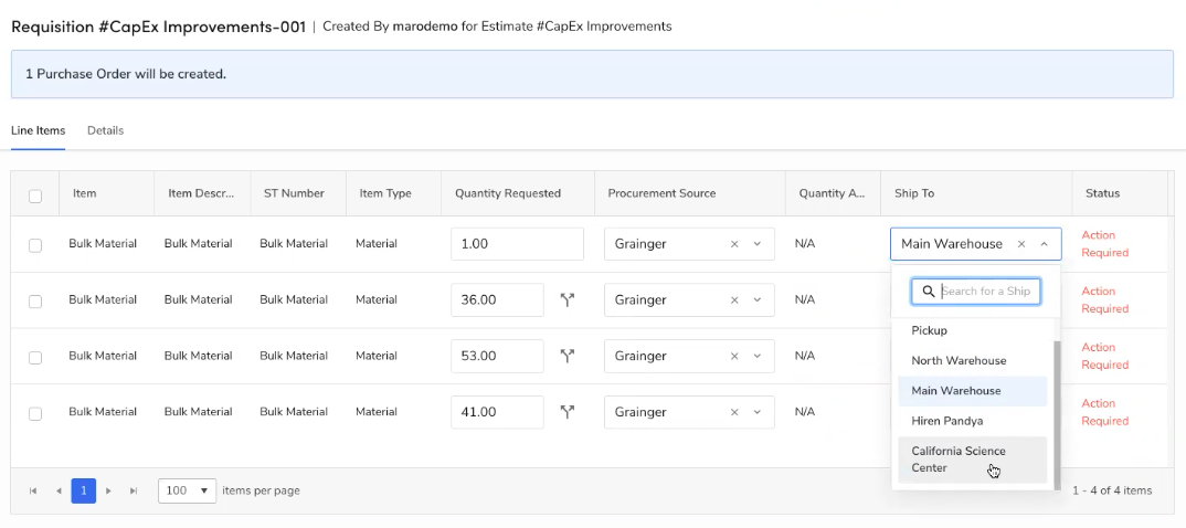 Requisition Improvements and Line Items in ServiceTitan: 1 Purchase Order will be created