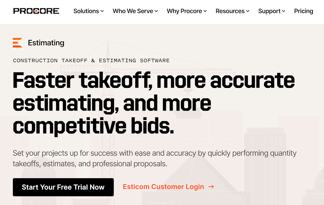 Procore Estimating Software homepage: Faster takeoff, accurate estimating, competitive bids