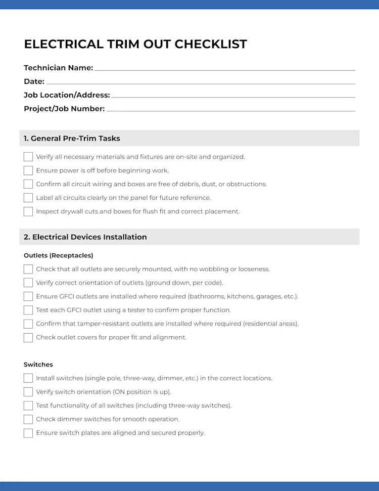 Electrical Trim-Out Checklist: Page 1 of 3