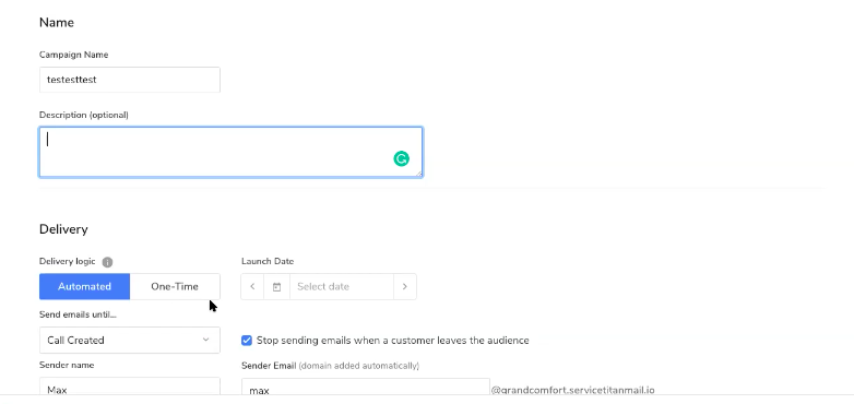 Campaign name and delivery options in ServiceTitan