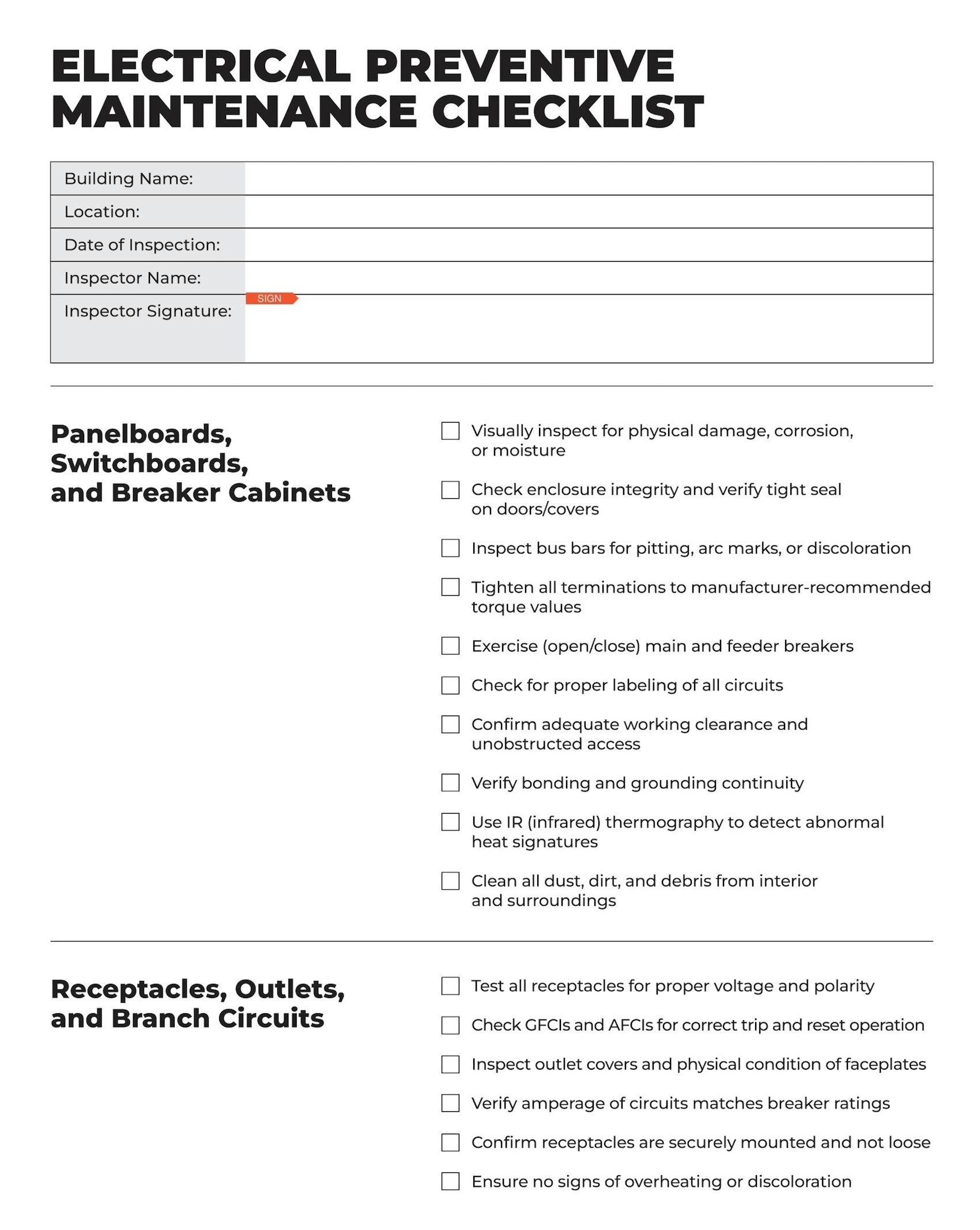 Electrical Preventive Maintenance Checklist Template: Page 1 of 3