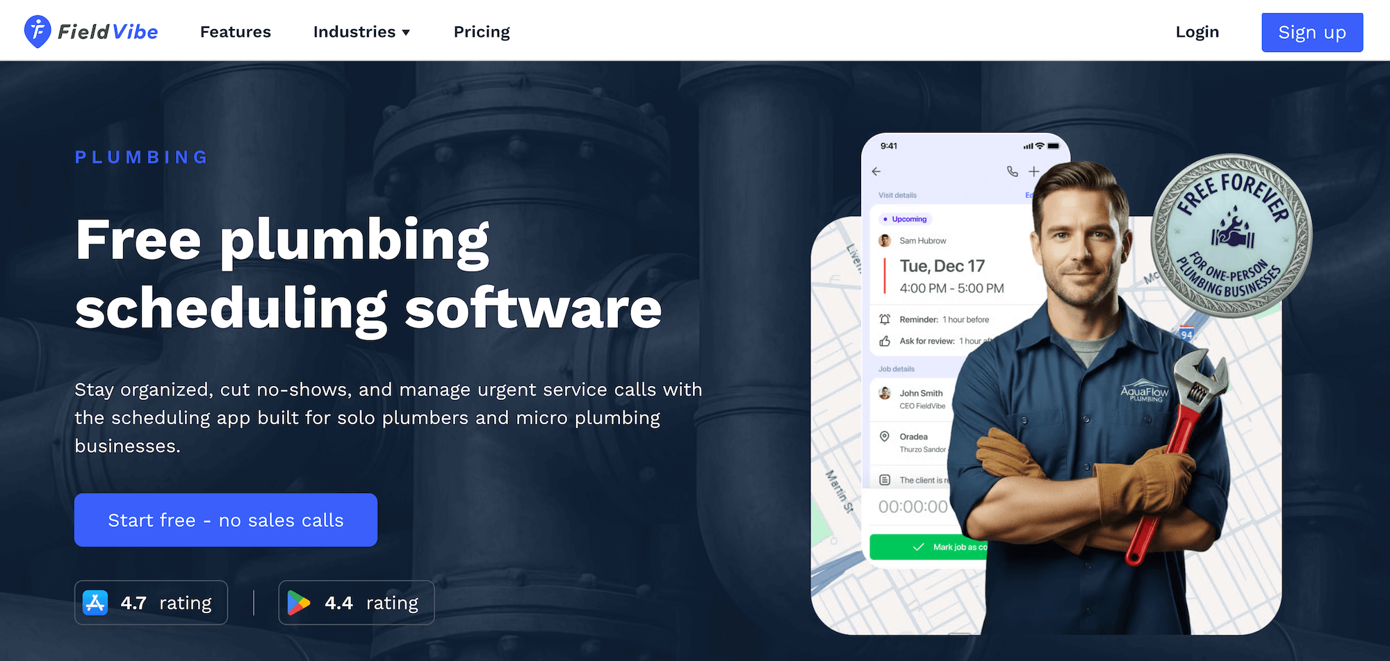 FieldVibe homepage: Free plumbing scheduling software