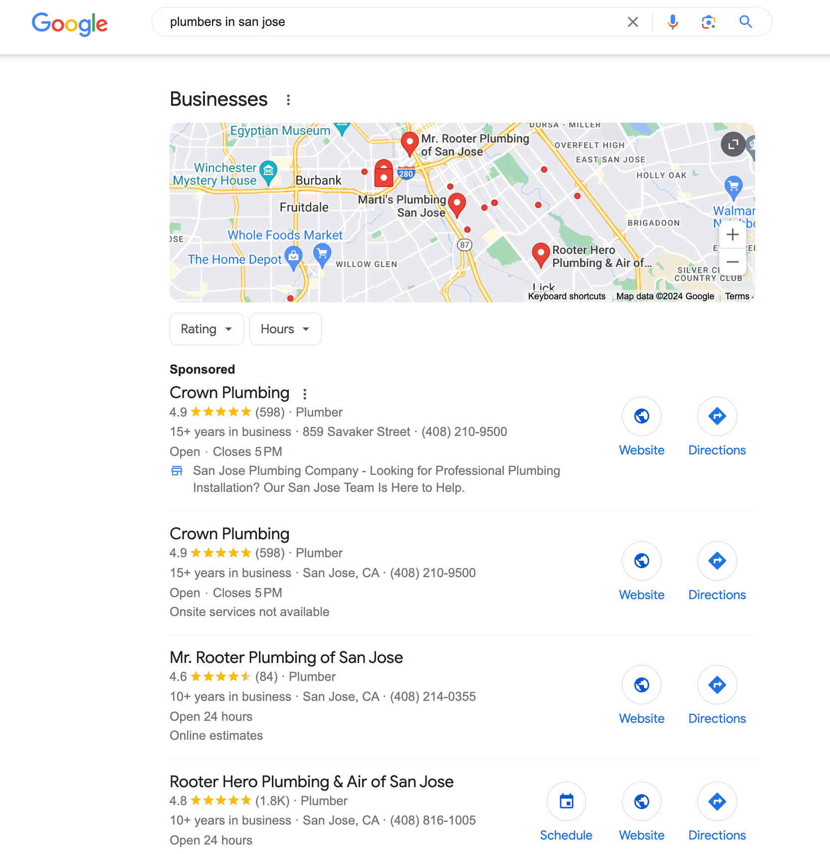 Google SERPs for "plumbers in san jose"