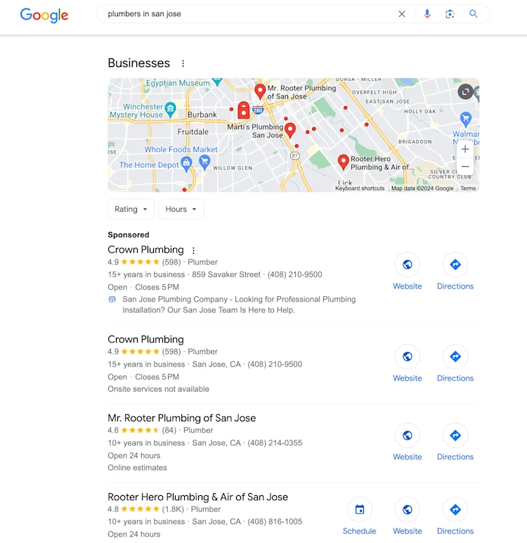 Google SERPs for "plumbers in san jose"