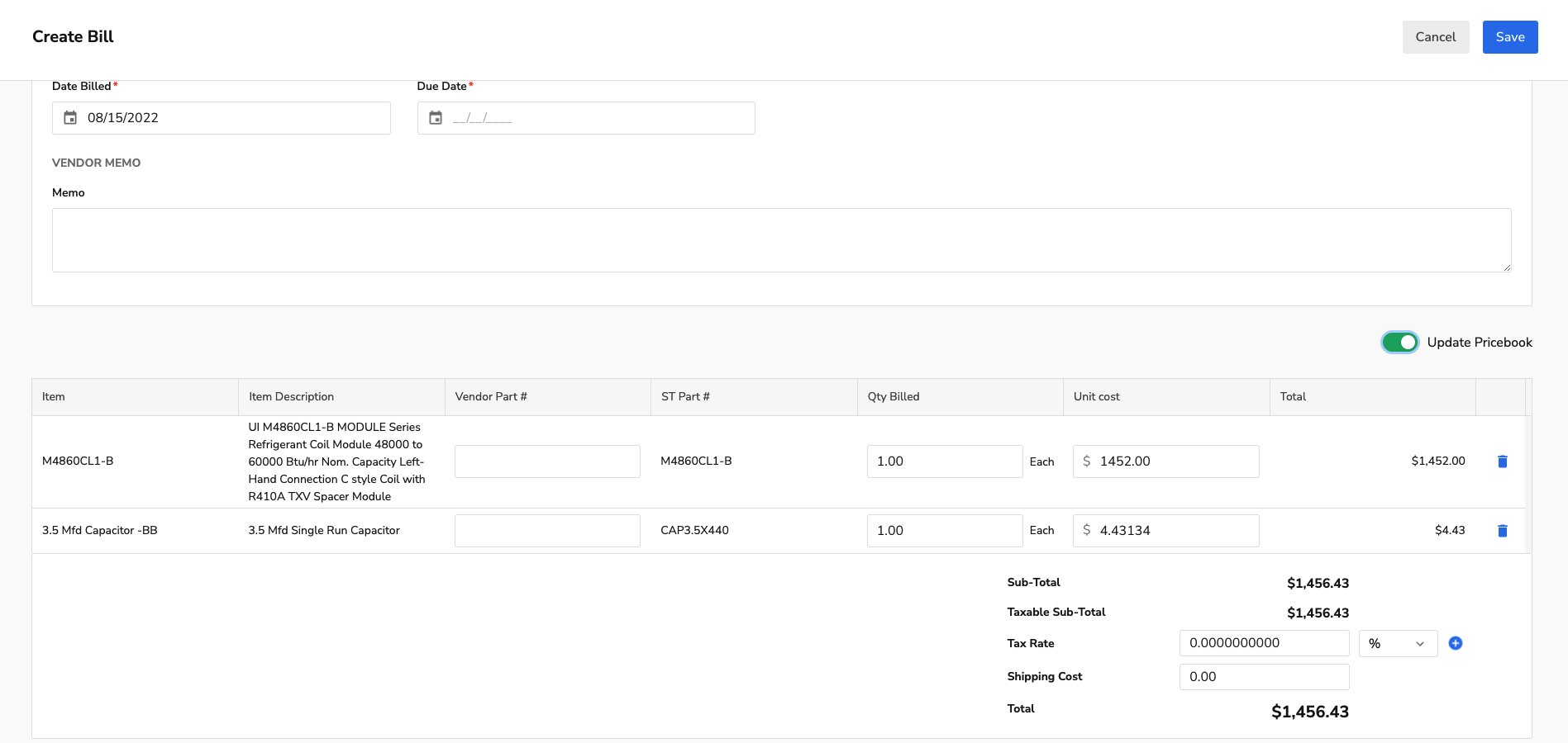 Create Bill and Update Pricebook: Description and Details