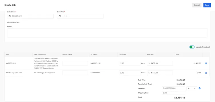 Create Bill and Update Pricebook: Description and Details
