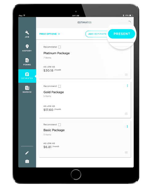Presenting Estimates for different packages: Basic, Gold, and Platinum