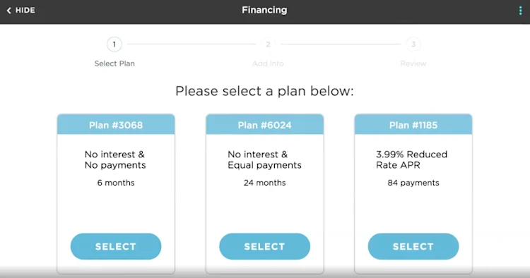 Financing Plan Options: Plan #3068, Plan #6024, Plan #1185