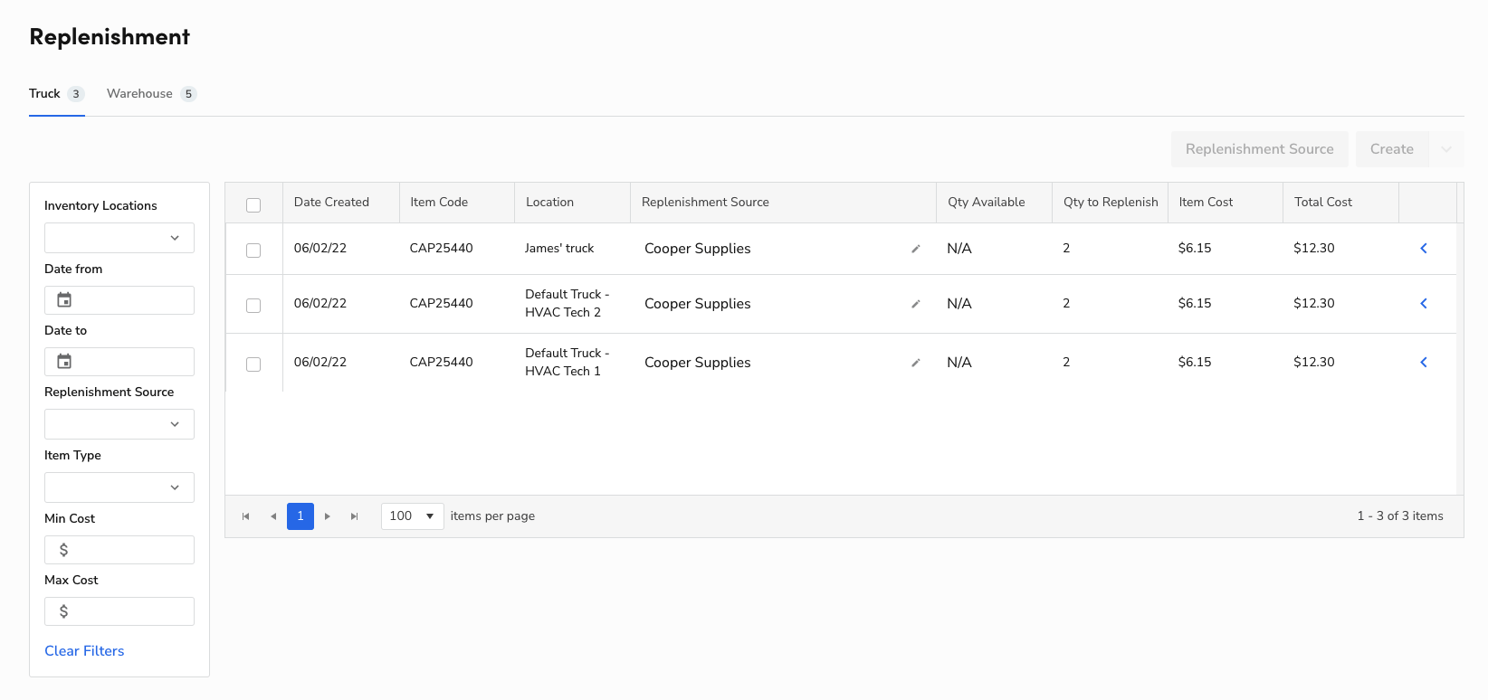 Replenishment: Item Code, Location, Replenishment Source, etc.
