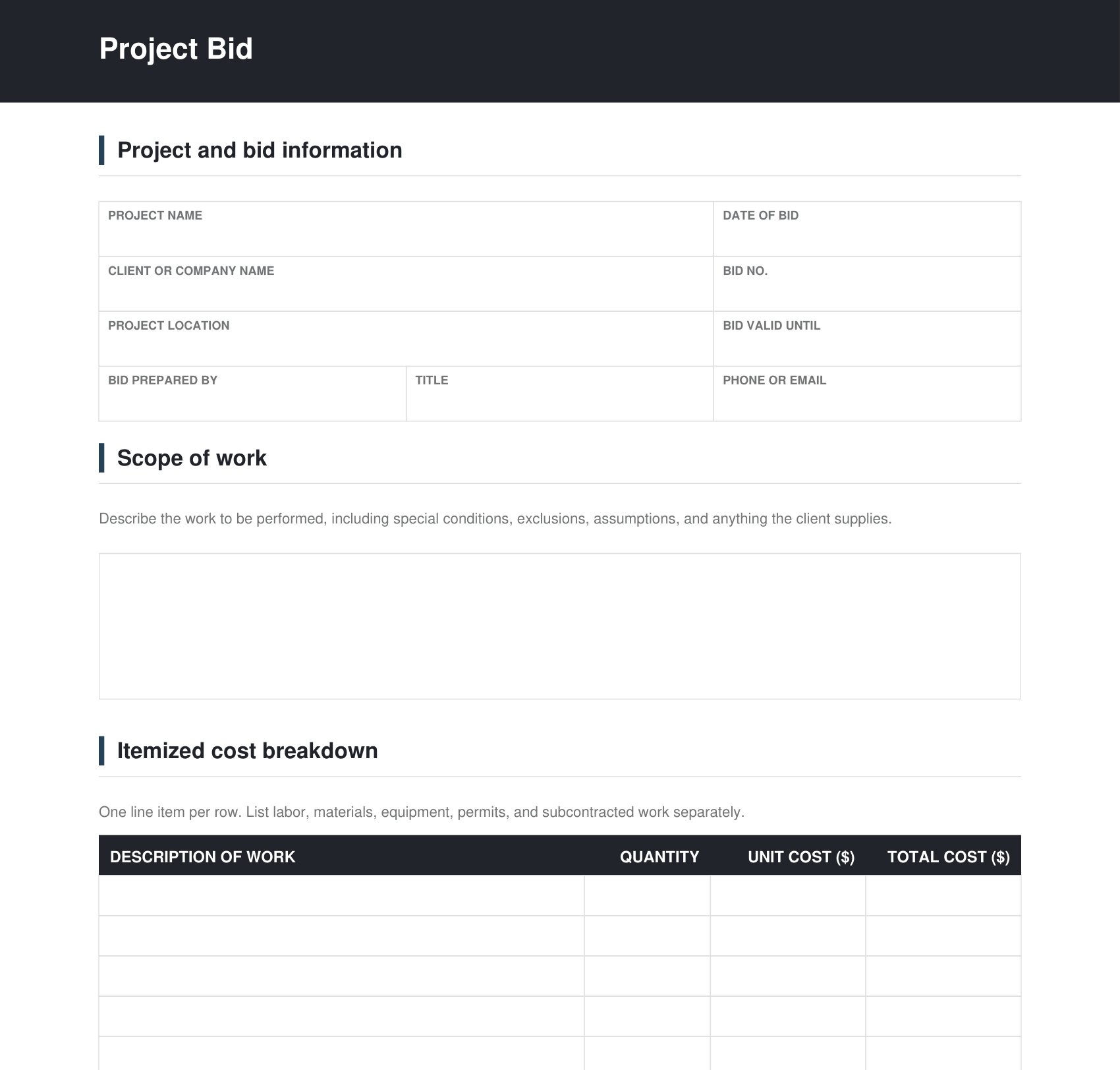 Project Bid Template: Page 1