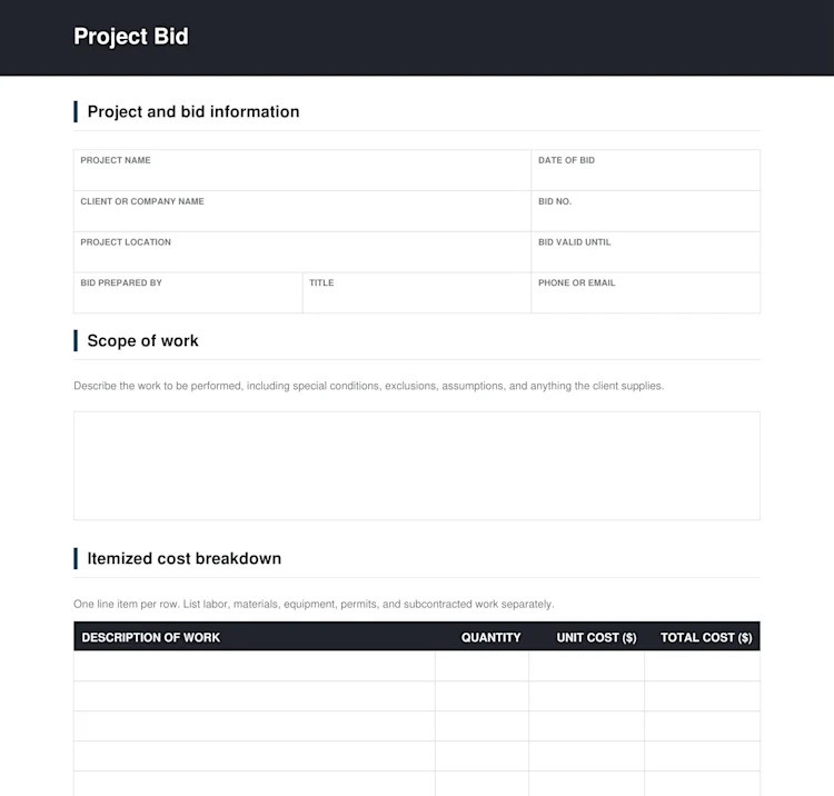 Project Bid Template: Page 1