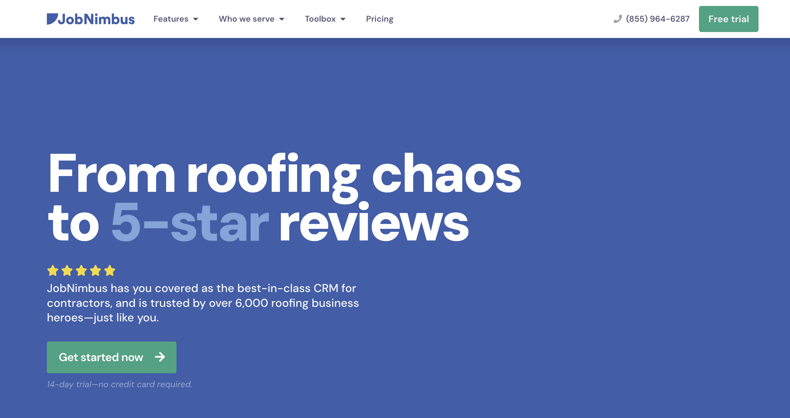 JobNimbus homepage: From roofing chaos to 5-star reviews